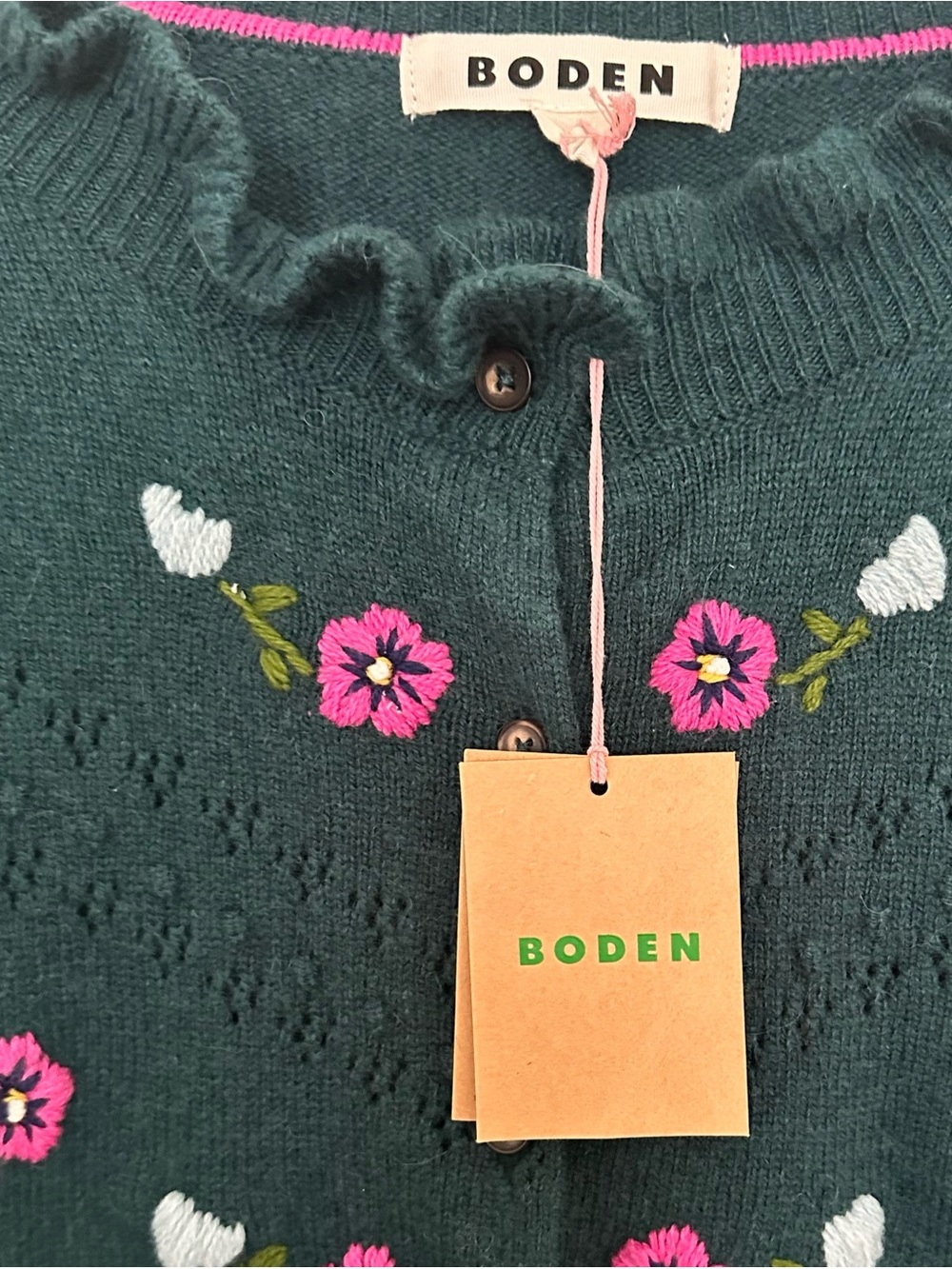 Boden New With Tags Fae Embroidered Fair Isle Cardigan Womens XL Green Pink - Picture 12 of 14